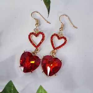 Gold with Red Crystal Double Heart Drop Earrings New